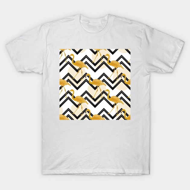 Hand drawn gold flamingo with chevron background T-Shirt by AnaMOMarques